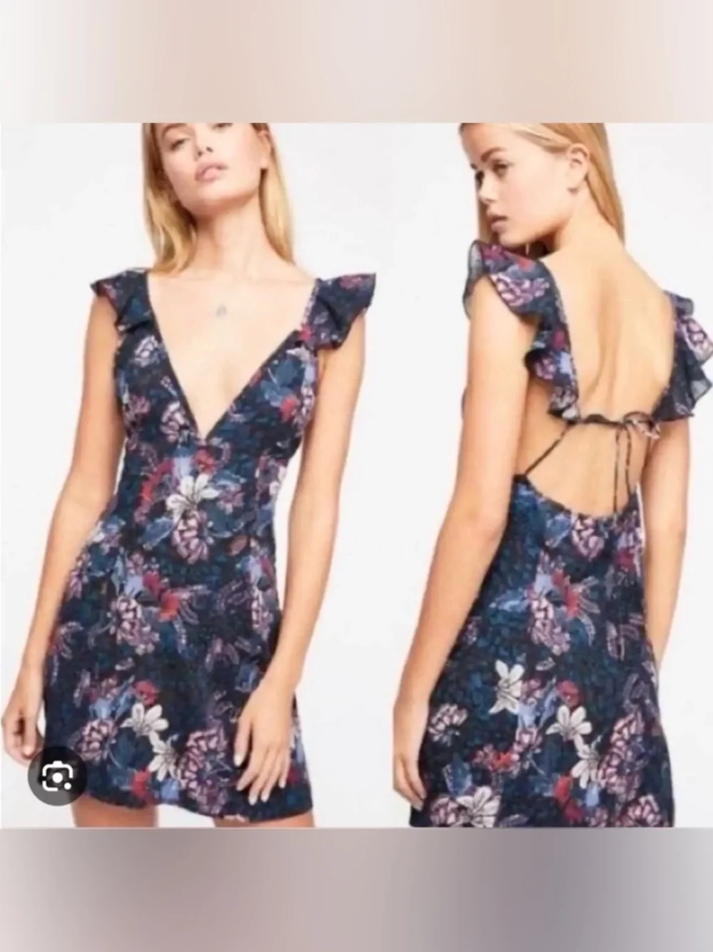 Free People Josie Floral Deep V Neck Minidress Ruffle Sleeves Size S - Picture 1 of 10